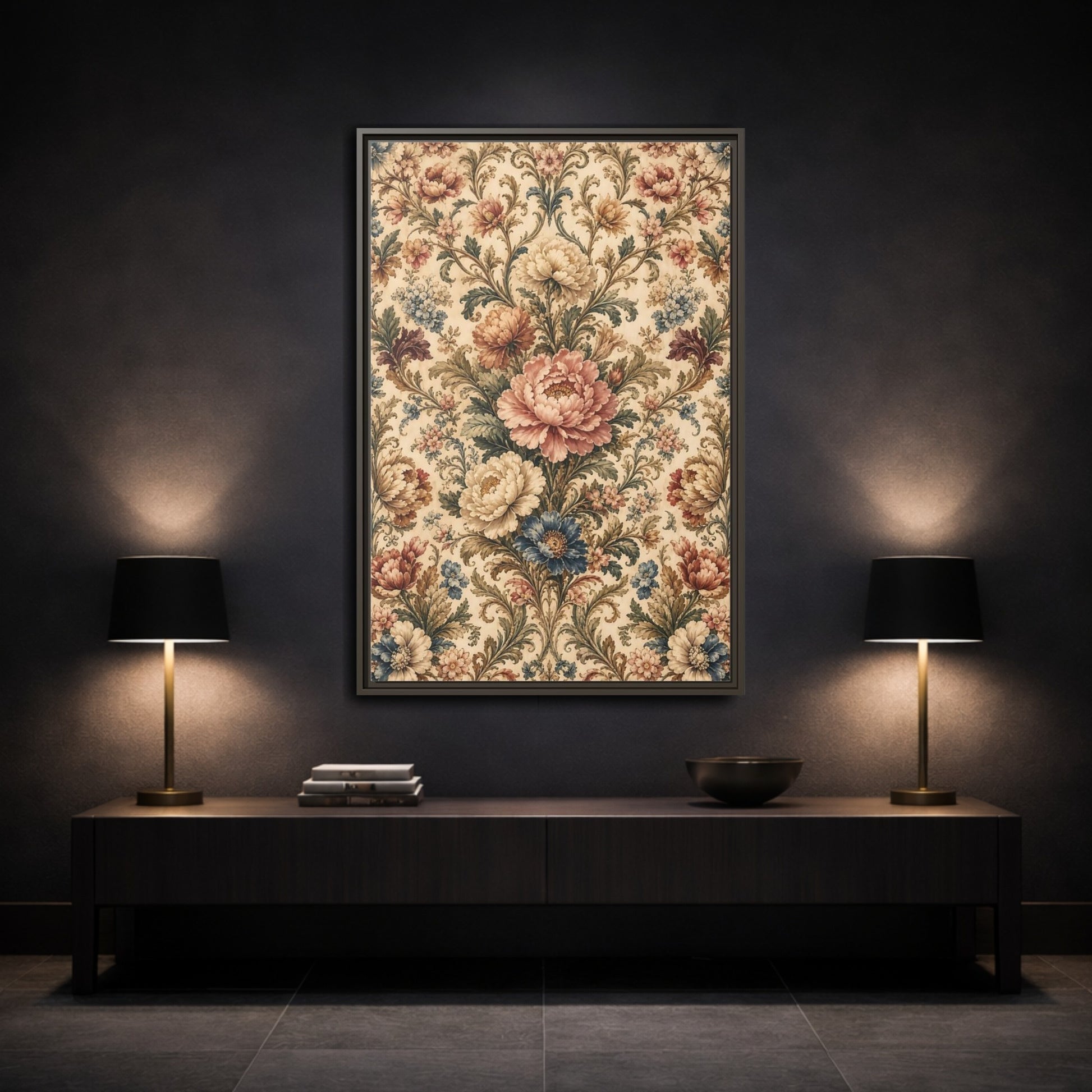 Mockup 3. Floral Peony Flowers Vintage Floral shown as stretched canvas wall art
