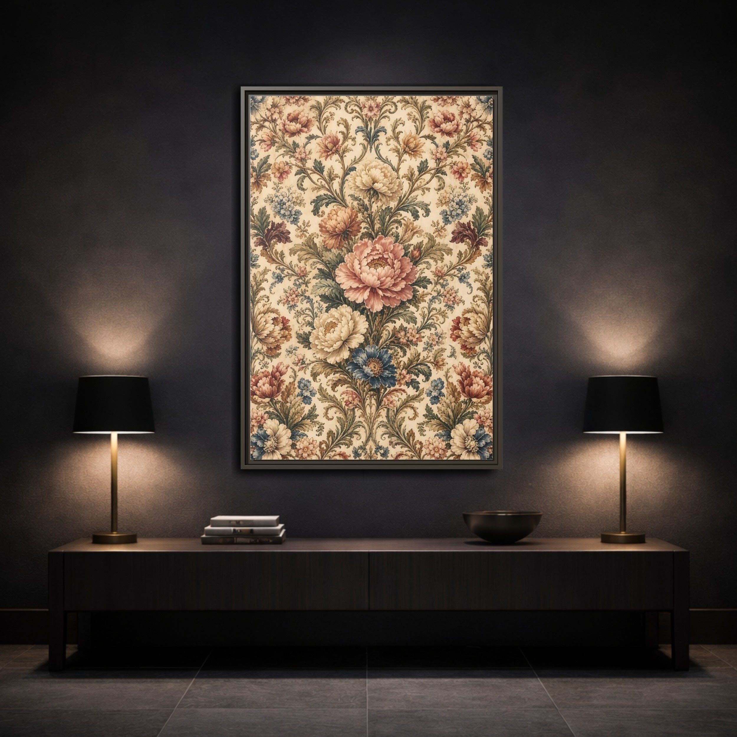 Mockup 3. Floral Peony Flowers Vintage Floral shown as stretched canvas wall art