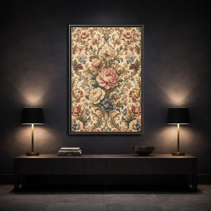 Mockup 3. Floral Peony Flowers Vintage Floral shown as stretched canvas wall art