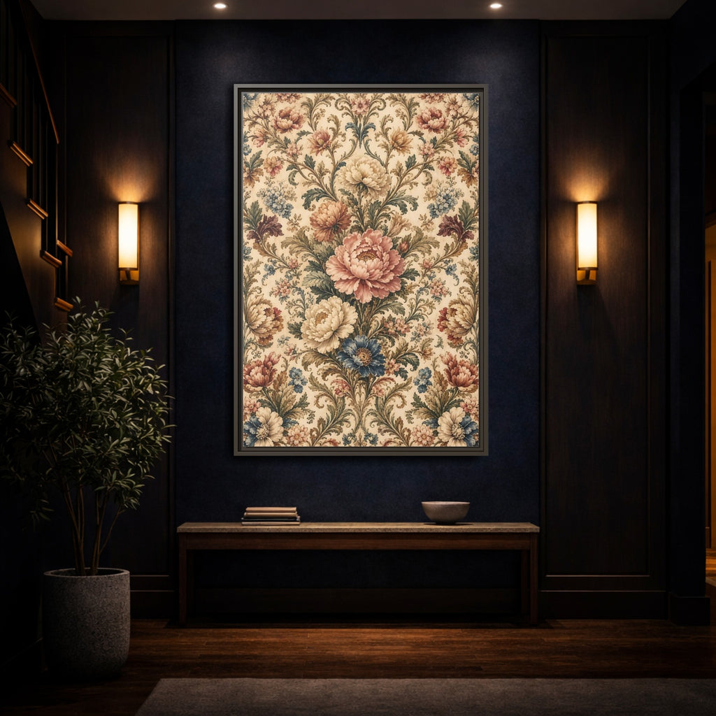 Mockup 4. Floral Peony Flowers Vintage Floral shown as stretched canvas wall art