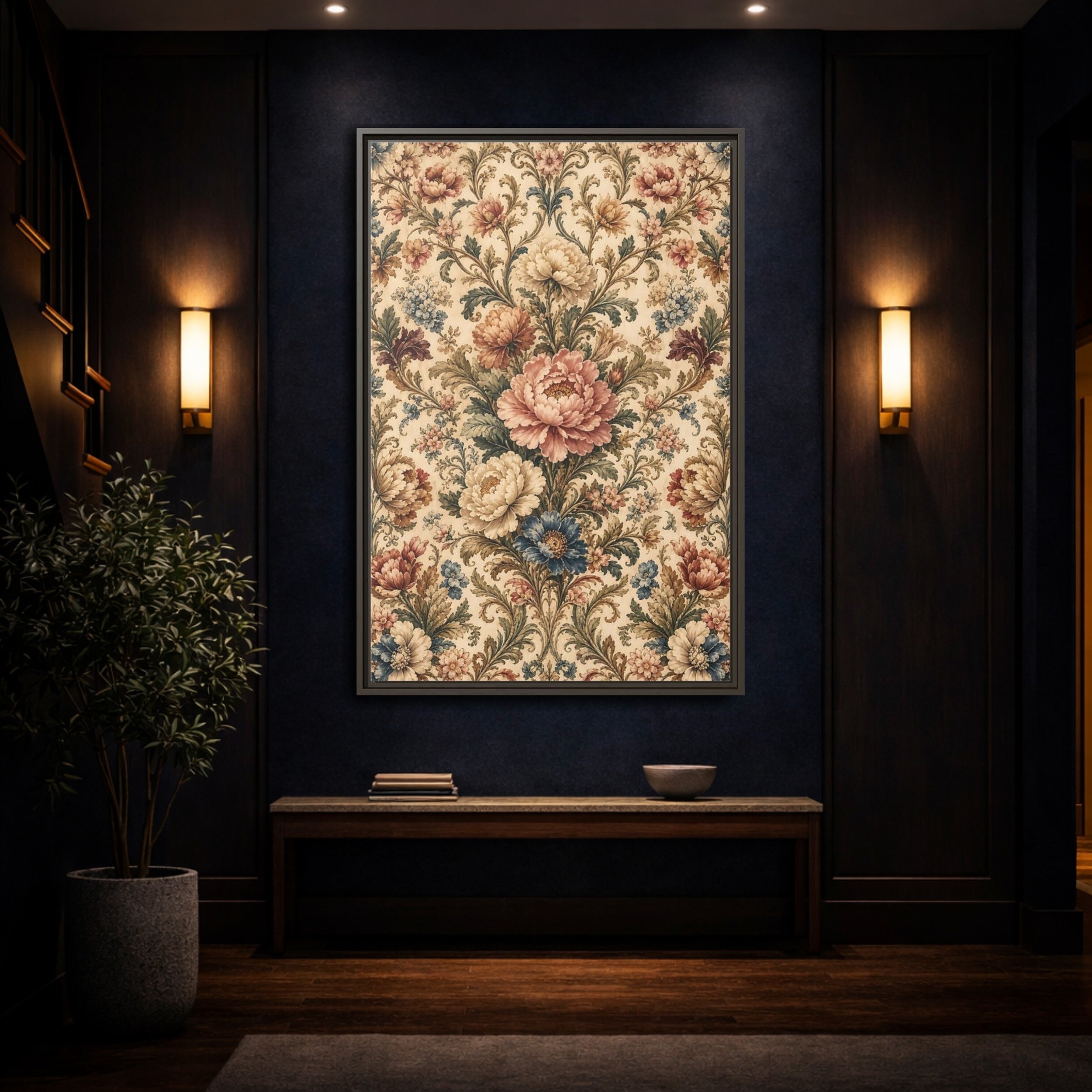 Mockup 4. Floral Peony Flowers Vintage Floral shown as stretched canvas wall art
