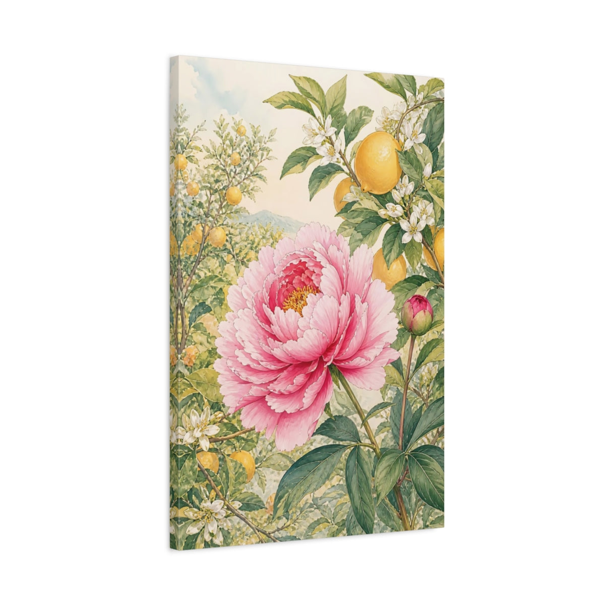 Side Mockup 2. Floral Peony, Lemon Pink Peony Lemon shown as stretched canvas wall art
