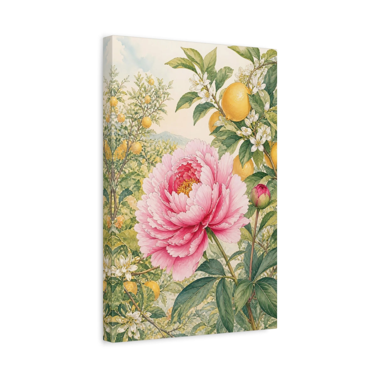 Side Mockup 4. Floral Peony, Lemon Pink Peony Lemon shown as stretched canvas wall art