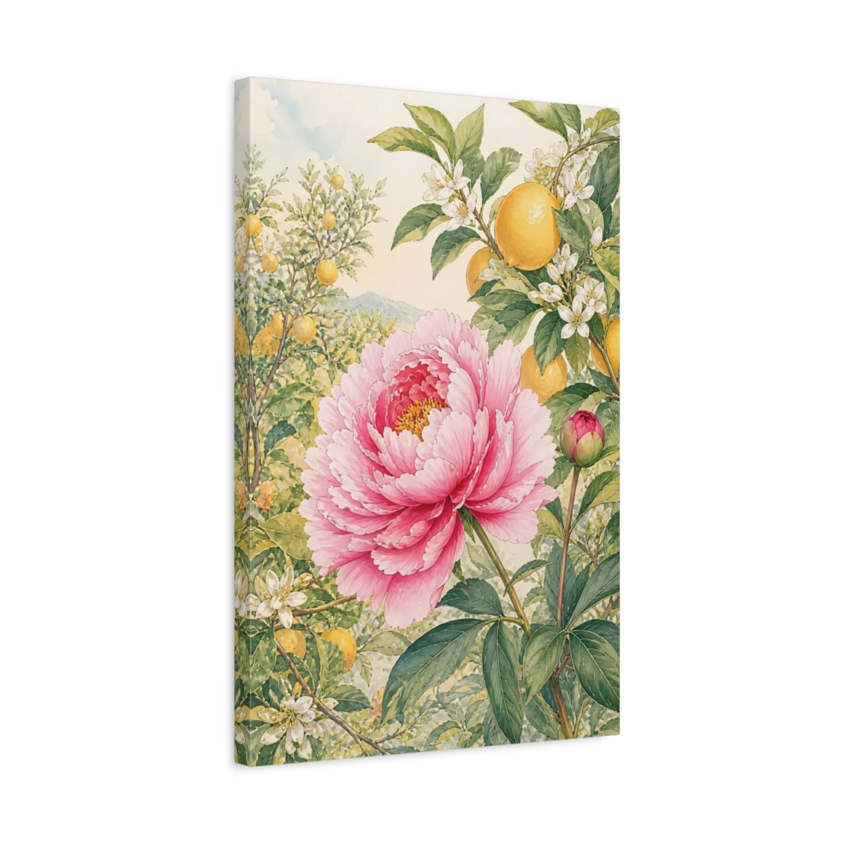 Side Mockup 3. Floral Peony, Lemon Pink Peony Lemon shown as stretched canvas wall art