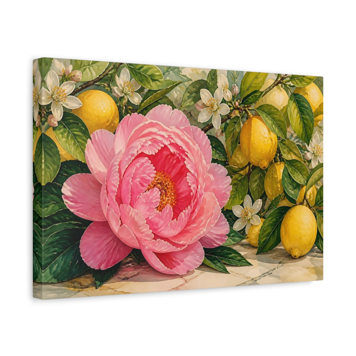 Side Mockup 4. Floral Peony Lemons Pink Lemon Floral shown as stretched canvas wall art