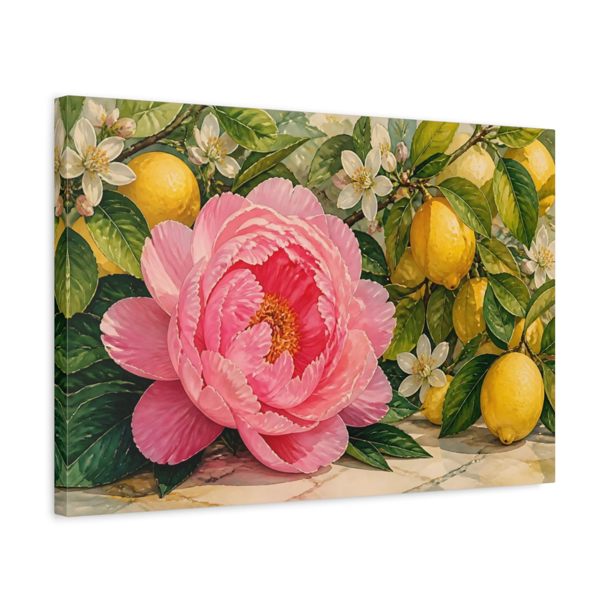 Side Mockup 3. Floral Peony Lemons Pink Lemon Floral shown as stretched canvas wall art