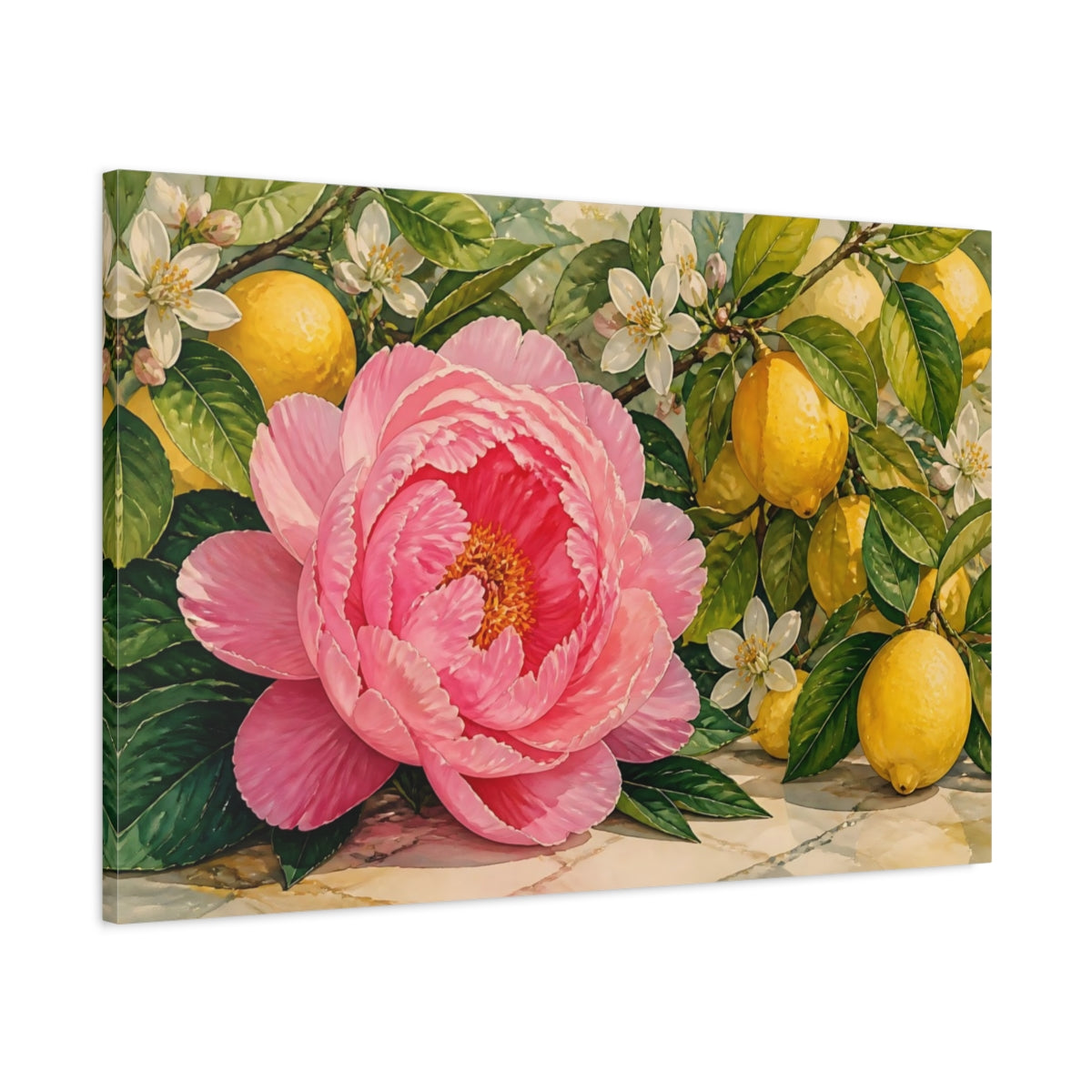 Main Mockup. Floral Peony Lemons Pink Lemon Floral shown as stretched canvas wall art