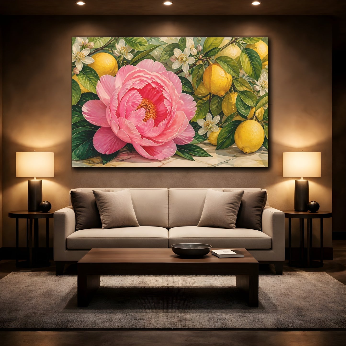 Mockup 2. Floral Peony Lemons Pink Lemon Floral shown as stretched canvas wall art