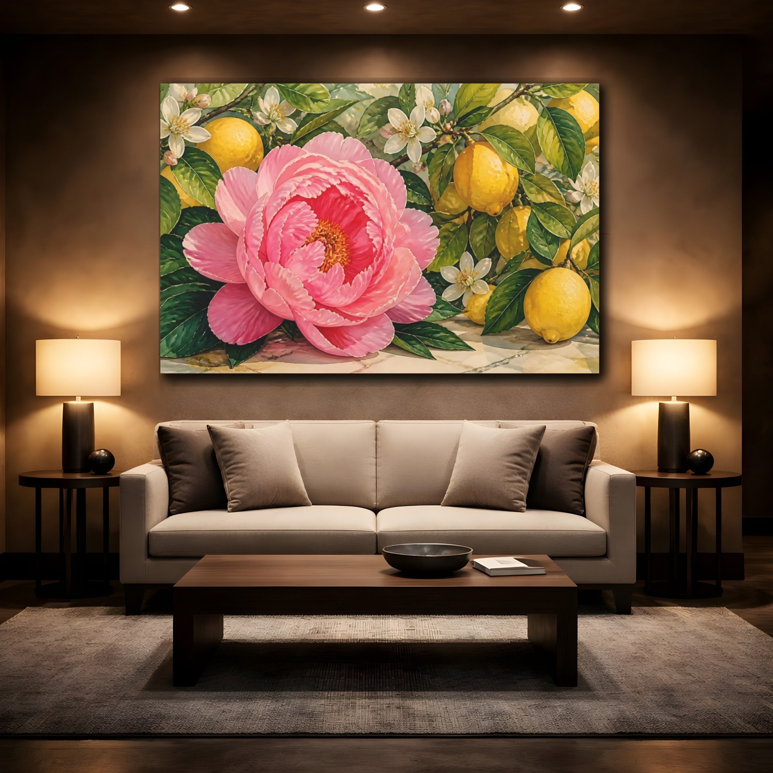 Mockup 2. Floral Peony Lemons Pink Lemon Floral shown as stretched canvas wall art