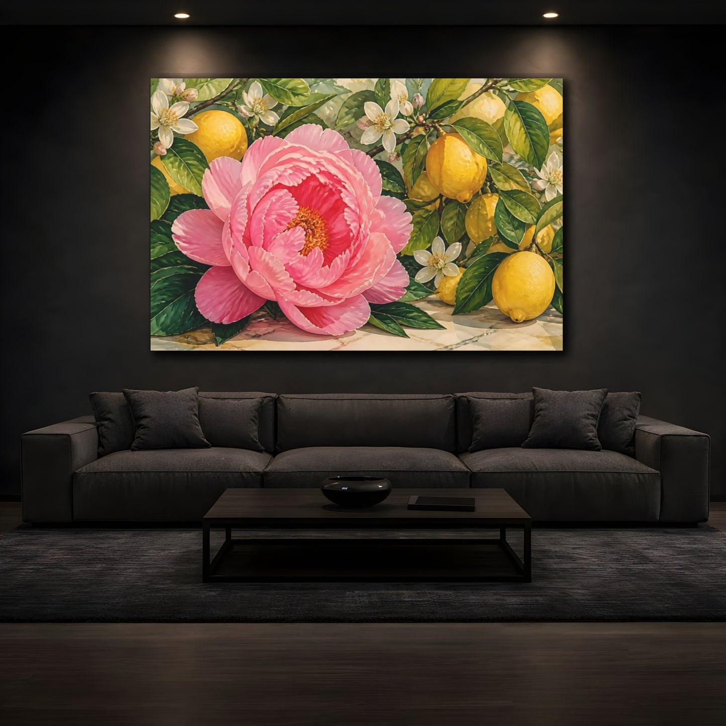 Mockup 3. Floral Peony Lemons Pink Lemon Floral shown as stretched canvas wall art