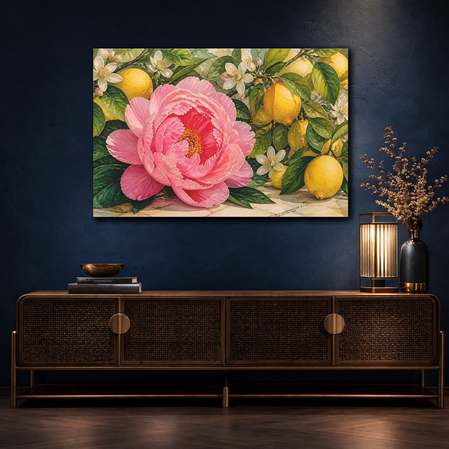 Mockup 4. Floral Peony Lemons Pink Lemon Floral shown as stretched canvas wall art