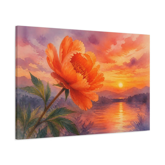 Main Mockup. Floral Peony Orange Floral Sunset shown as stretched canvas wall art
