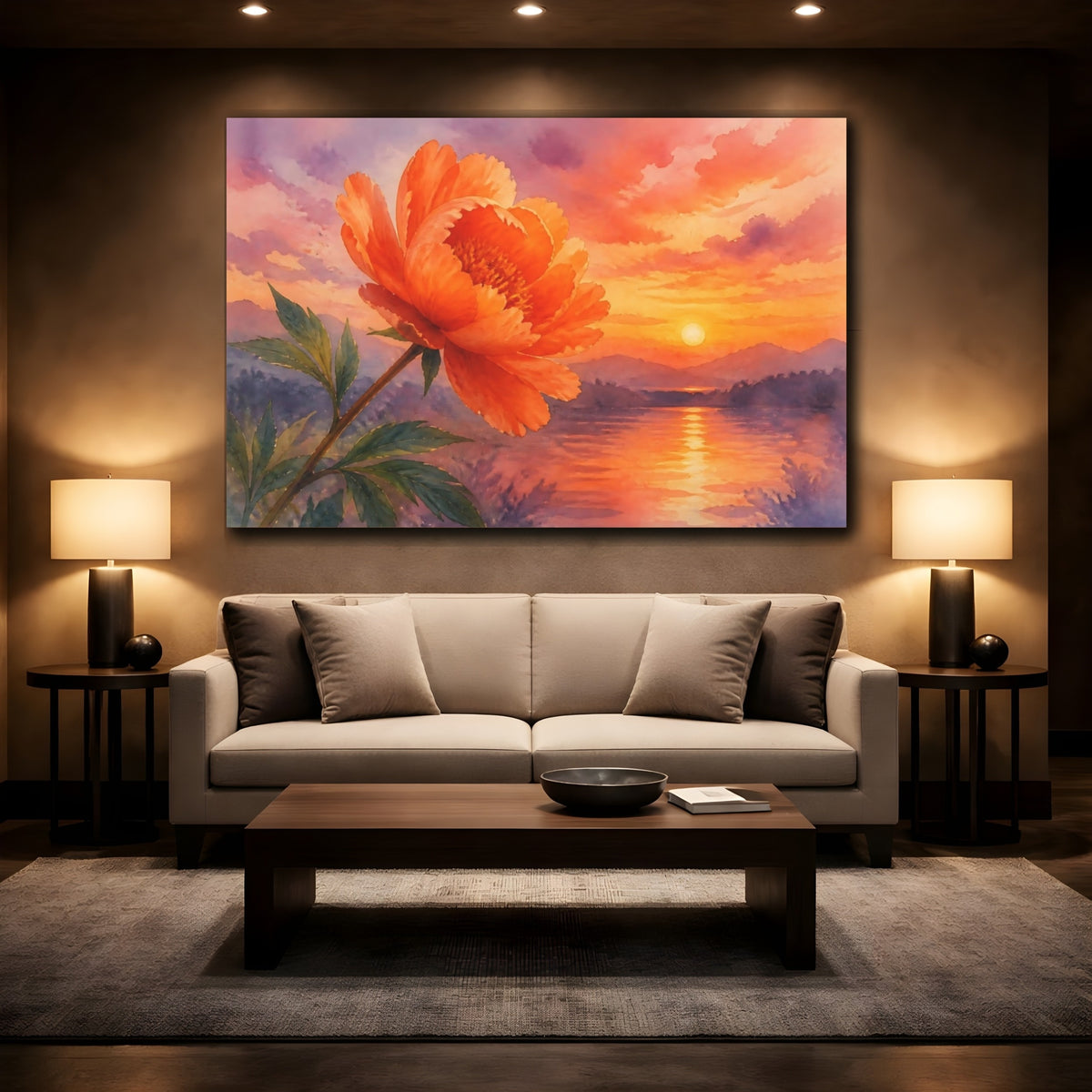 Mockup 2. Floral Peony Orange Floral Sunset shown as stretched canvas wall art