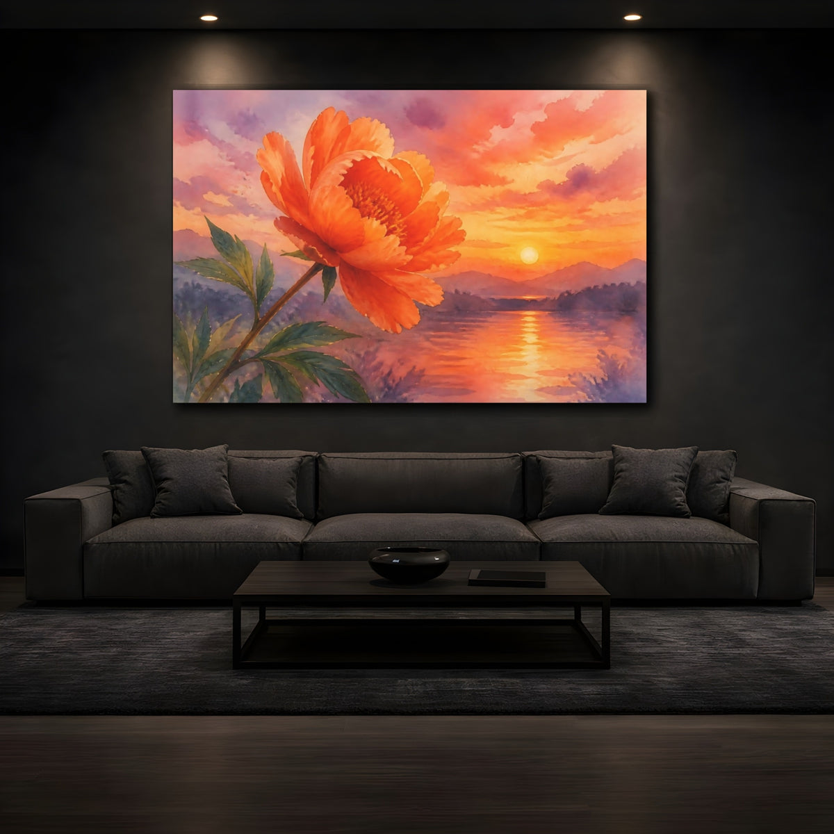 Mockup 3. Floral Peony Orange Floral Sunset shown as stretched canvas wall art