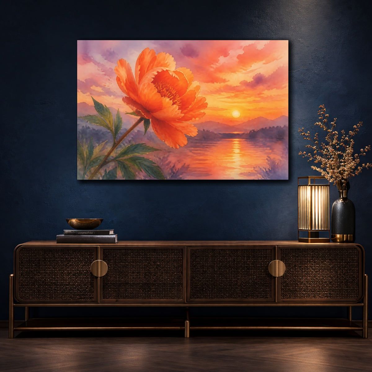 Mockup 4. Floral Peony Orange Floral Sunset shown as stretched canvas wall art