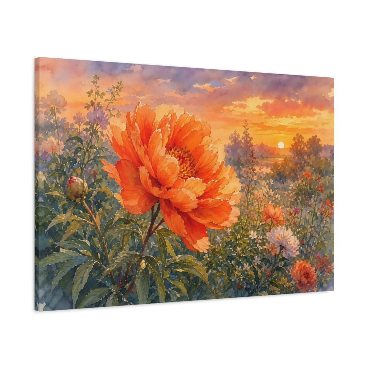 Main Mockup. Floral Peony Orange Peony Sunset shown as stretched canvas wall art