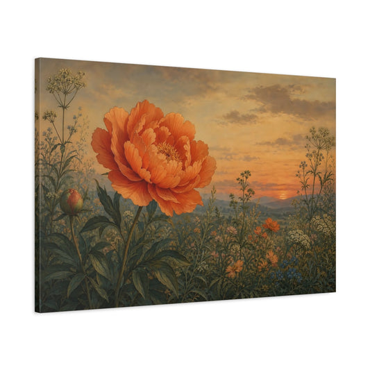 Main Mockup. Floral Peony Orange Peony Sunset shown as stretched canvas wall art