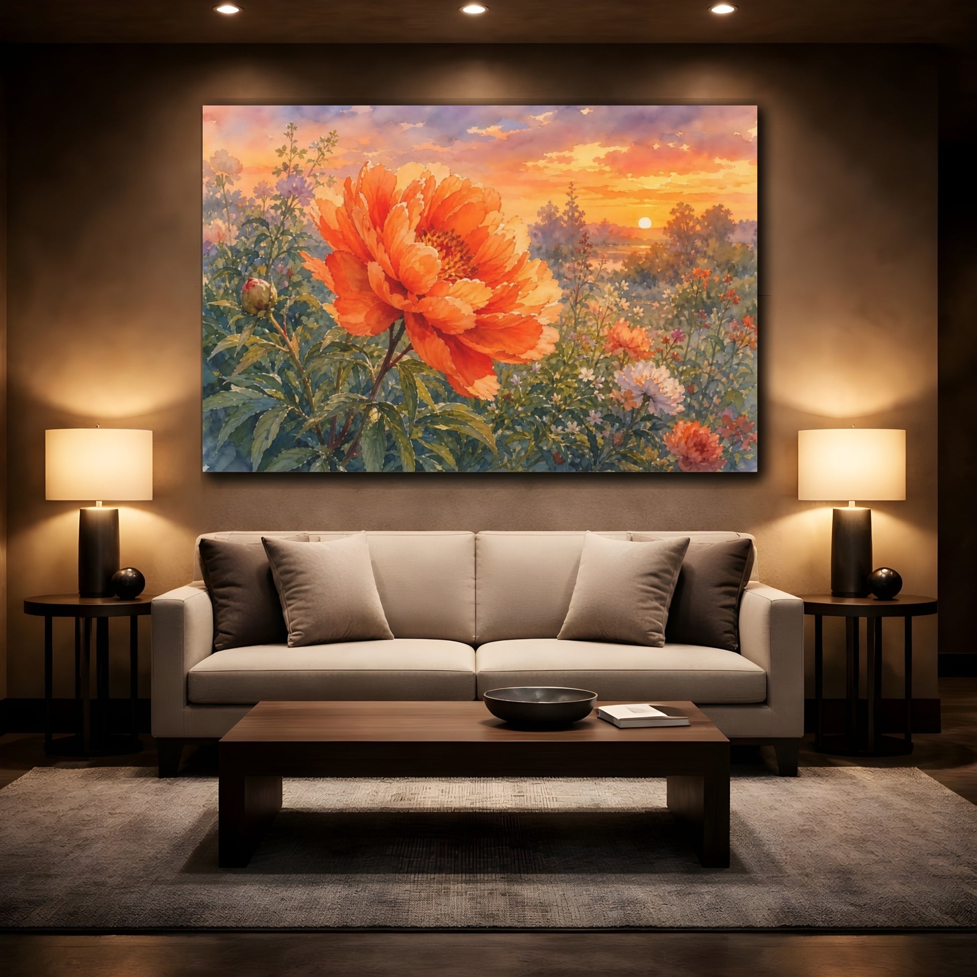 Mockup 2. Floral Peony Orange Peony Sunset shown as stretched canvas wall art