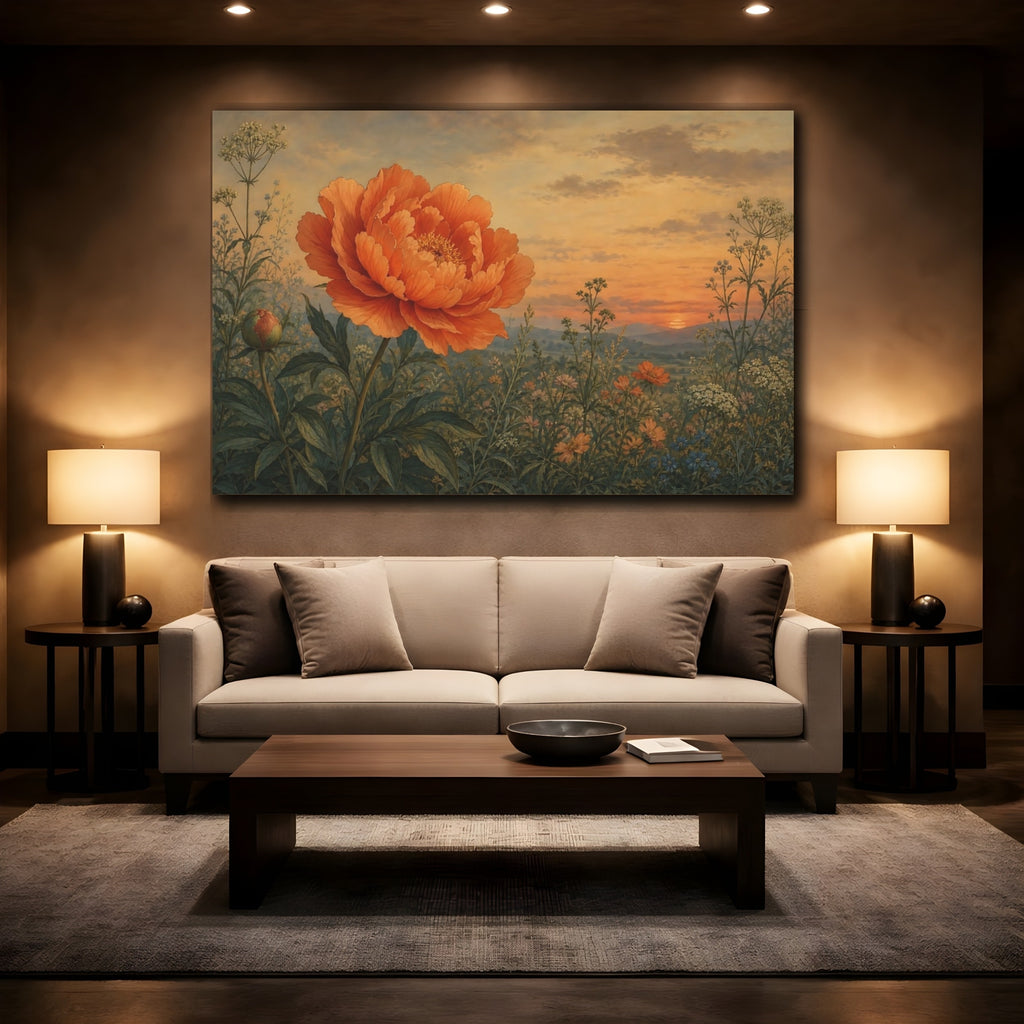 Mockup 2. Floral Peony Orange Peony Sunset shown as stretched canvas wall art