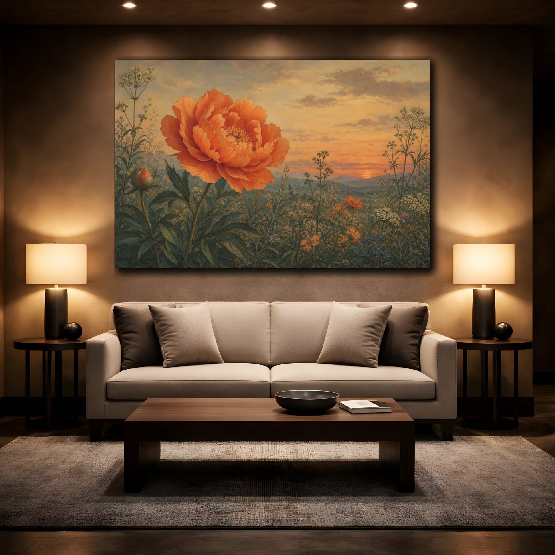 Mockup 2. Floral Peony Orange Peony Sunset shown as stretched canvas wall art