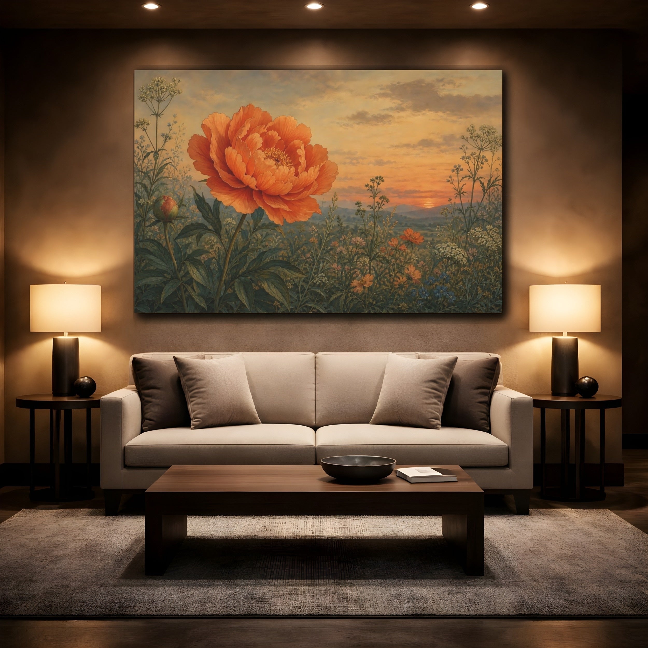 Mockup 2. Floral Peony Orange Peony Sunset shown as stretched canvas wall art