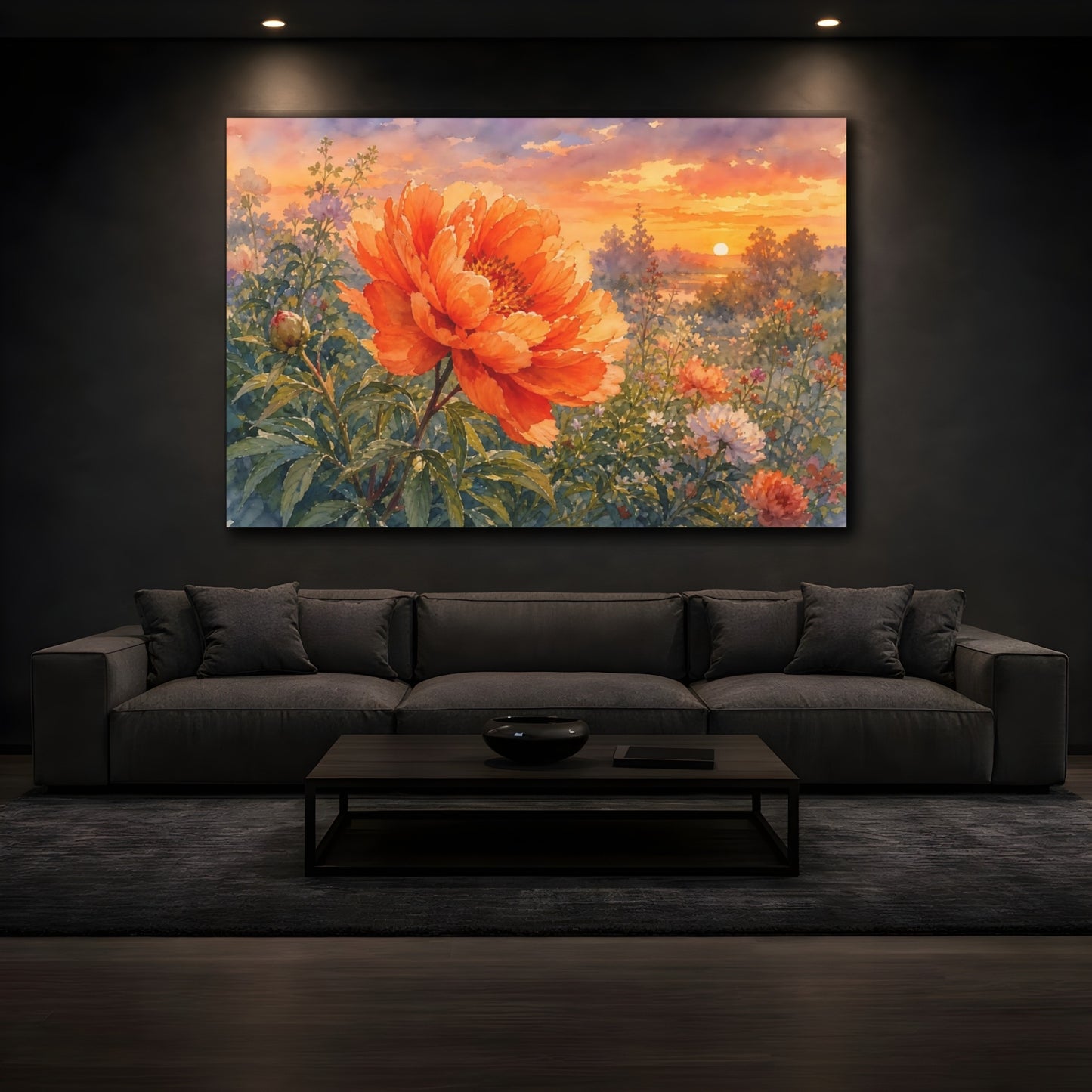 Mockup 3. Floral Peony Orange Peony Sunset shown as stretched canvas wall art
