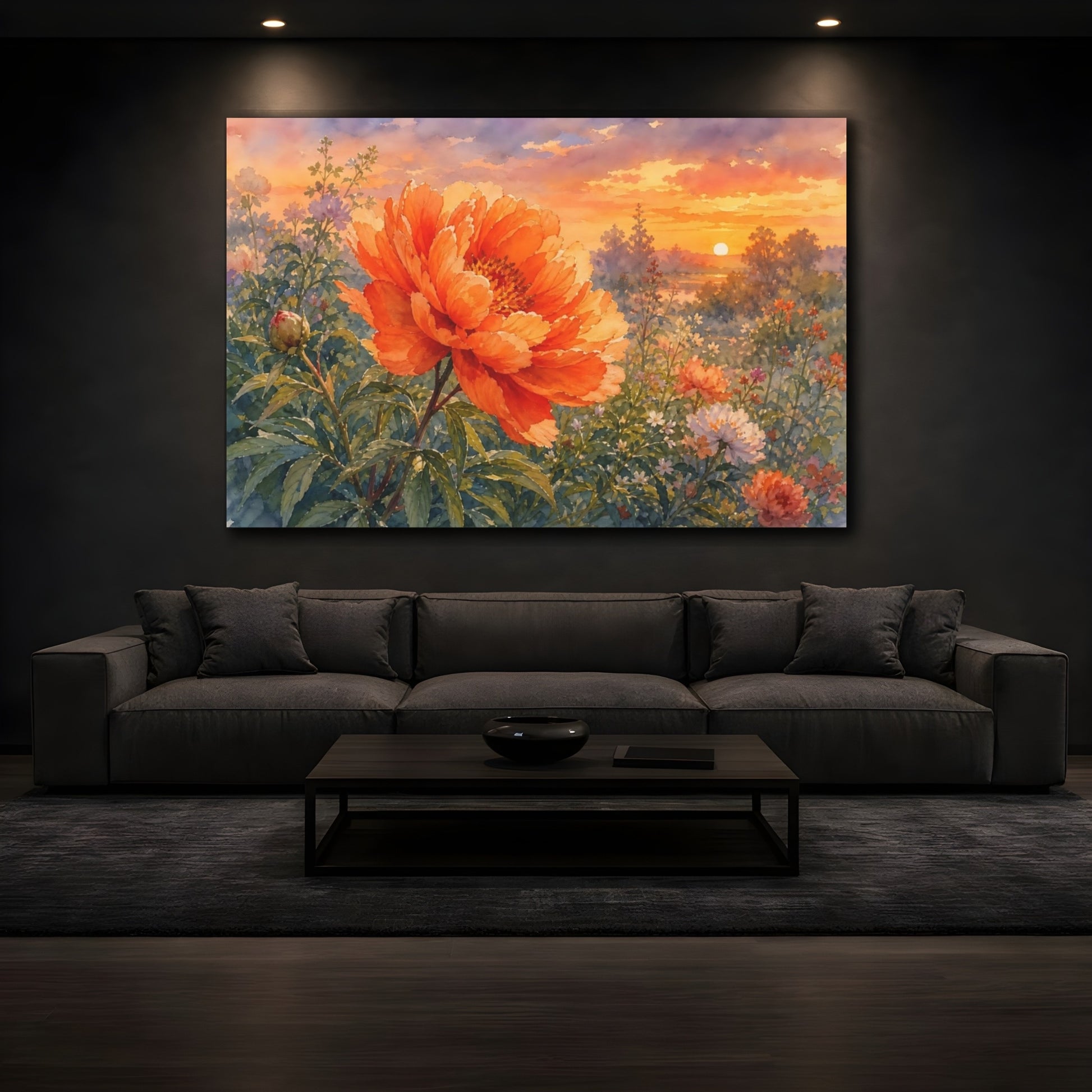 Mockup 3. Floral Peony Orange Peony Sunset shown as stretched canvas wall art