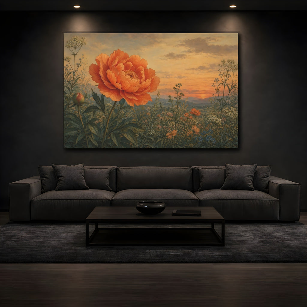 Mockup 3. Floral Peony Orange Peony Sunset shown as stretched canvas wall art