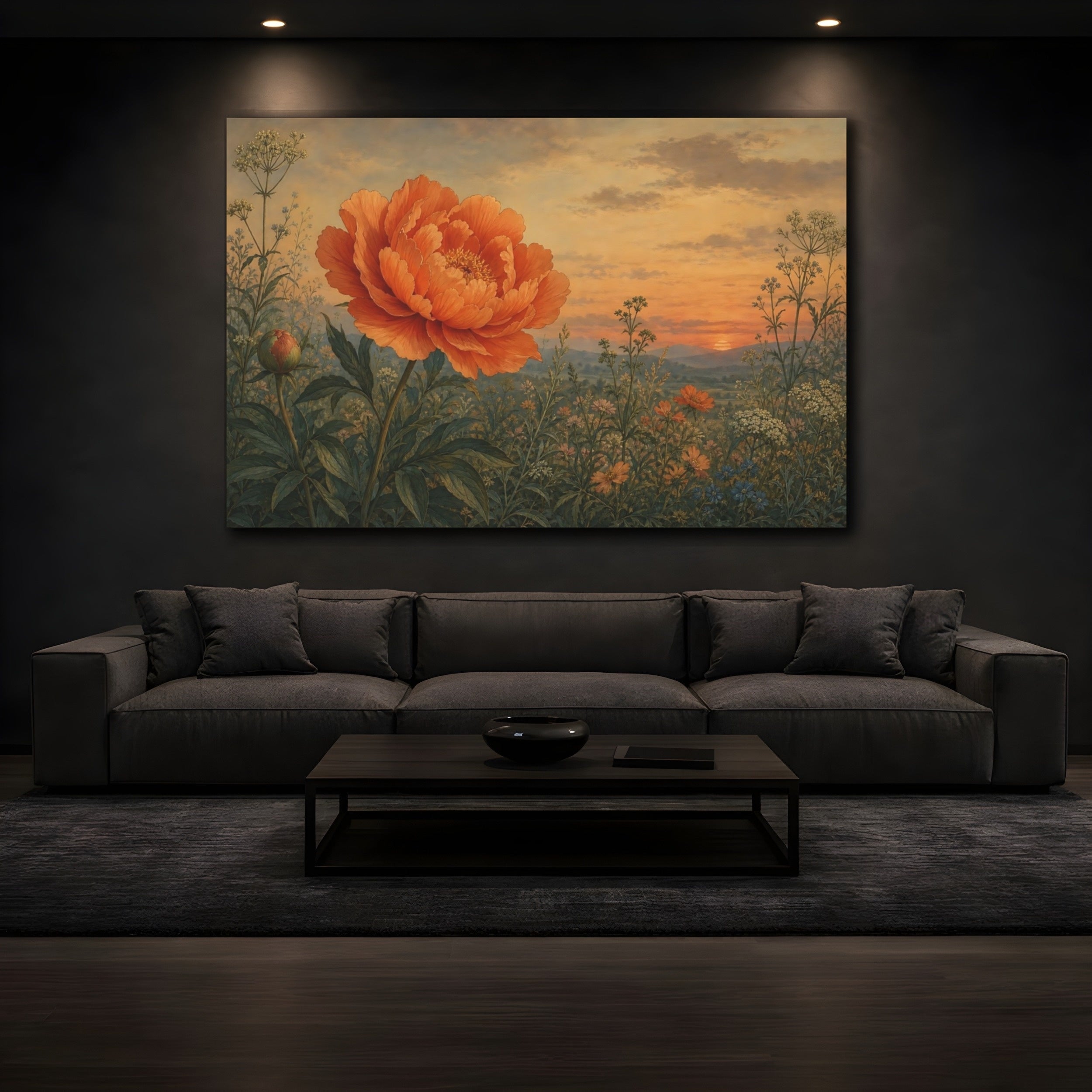 Mockup 3. Floral Peony Orange Peony Sunset shown as stretched canvas wall art