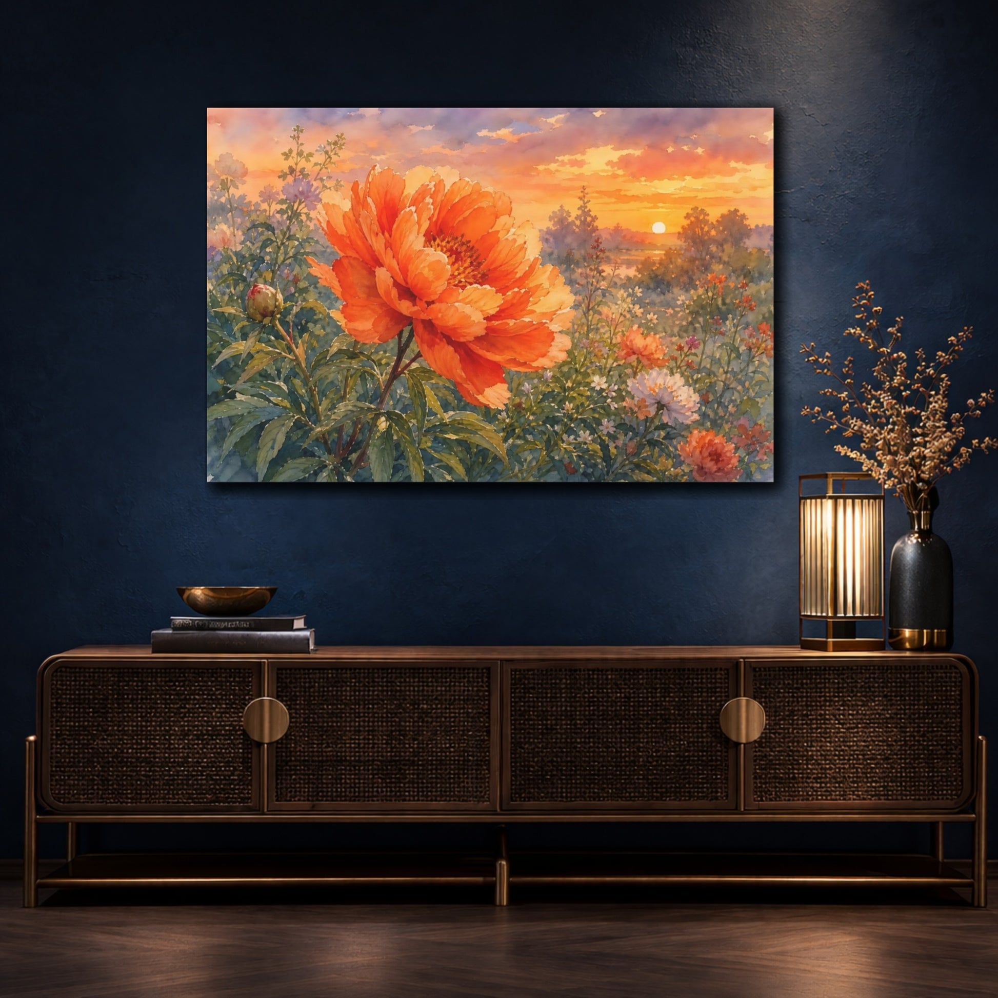 Mockup 4. Floral Peony Orange Peony Sunset shown as stretched canvas wall art