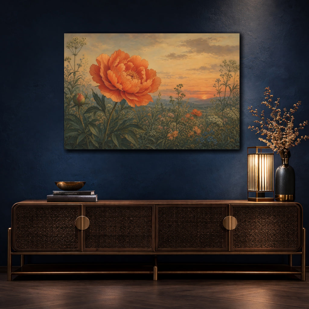 Mockup 4. Floral Peony Orange Peony Sunset shown as stretched canvas wall art