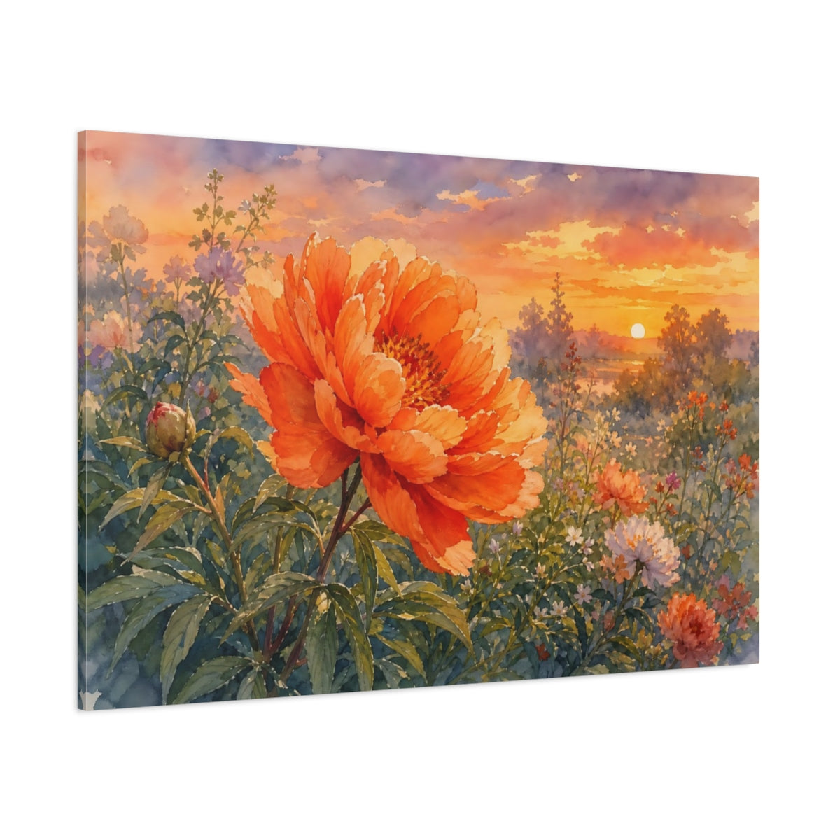 Side Mockup 1. Floral Peony Orange Peony Sunset shown as stretched canvas wall art