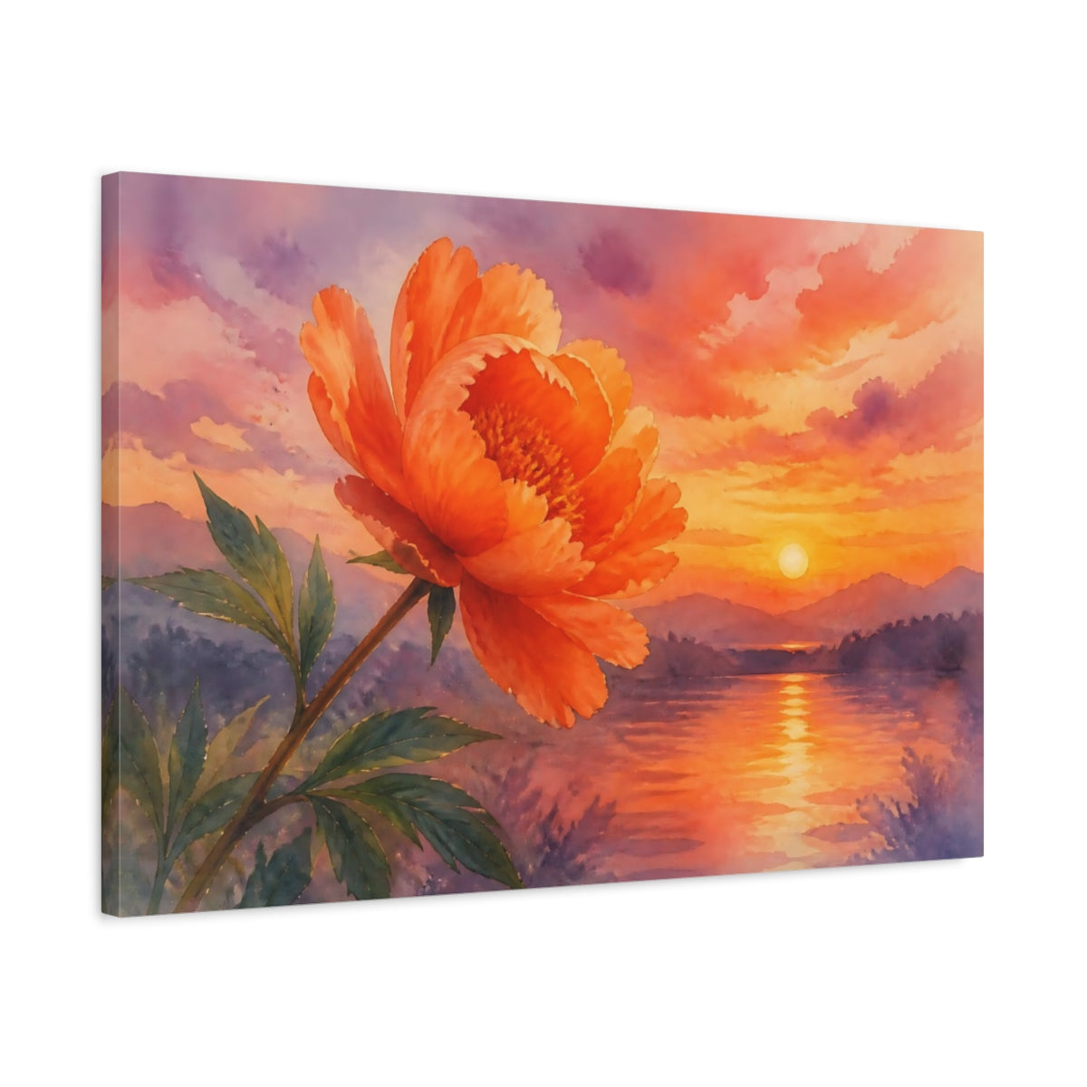 Side Mockup 2. Floral Peony Orange Floral Sunset shown as stretched canvas wall art