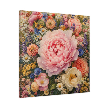 Main Mockup. Floral Peony Pink And Colorful shown as stretched canvas wall art