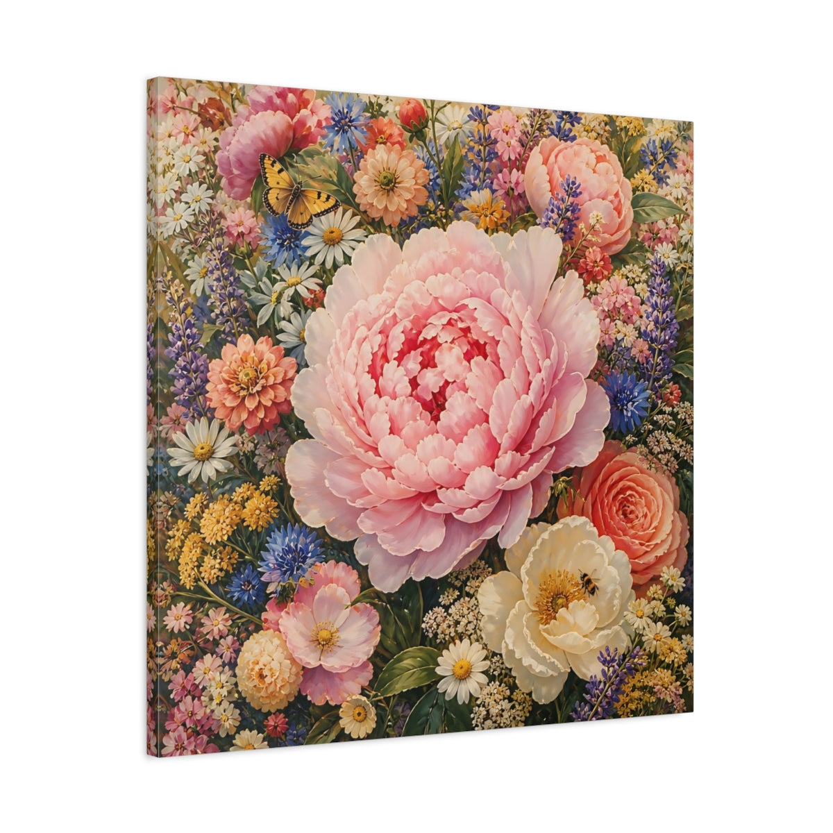 Side Mockup 3. Floral Peony Pink And Colorful shown as stretched canvas wall art