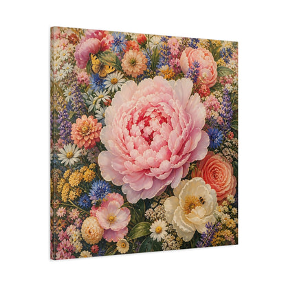 Side Mockup 3. Floral Peony Pink And Colorful shown as stretched canvas wall art