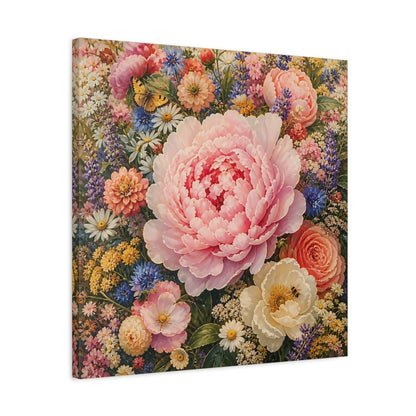 Side Mockup 4. Floral Peony Pink And Colorful shown as stretched canvas wall art
