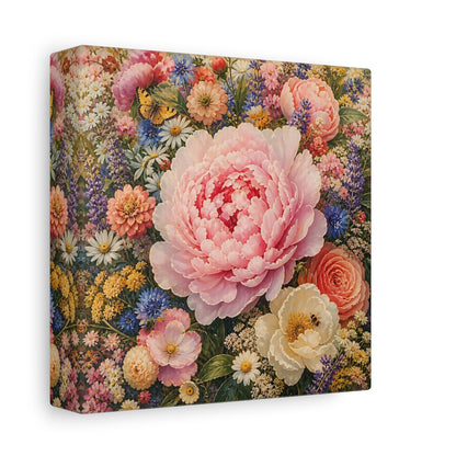 Side Mockup 2. Floral Peony Pink And Colorful shown as stretched canvas wall art