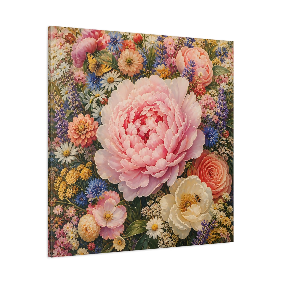 Side Mockup 1. Floral Peony Pink And Colorful shown as stretched canvas wall art