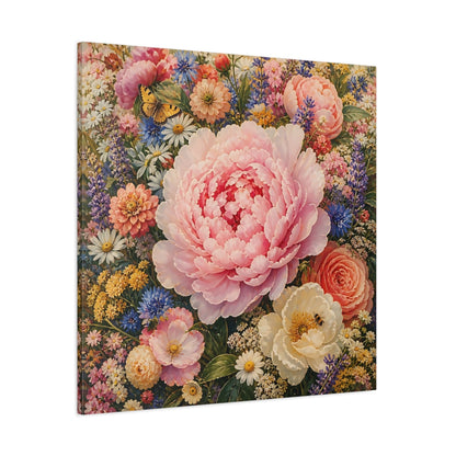 Side Mockup 1. Floral Peony Pink And Colorful shown as stretched canvas wall art