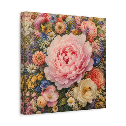 Side Mockup 8. Floral Peony Pink And Colorful shown as stretched canvas wall art