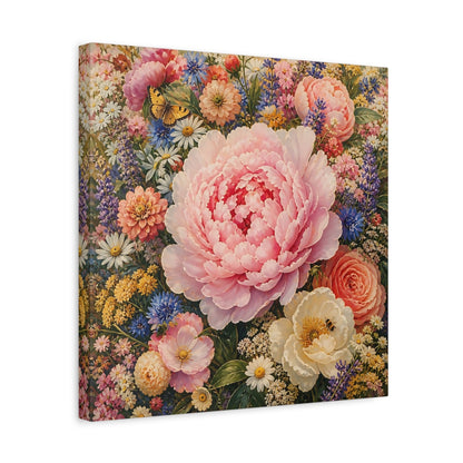 Side Mockup 6. Floral Peony Pink And Colorful shown as stretched canvas wall art