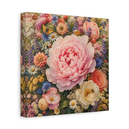 Side Mockup 9. Floral Peony Pink And Colorful shown as stretched canvas wall art