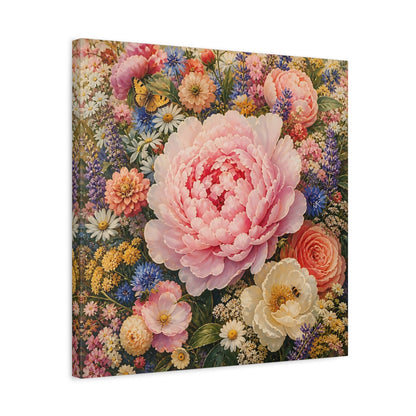 Side Mockup 5. Floral Peony Pink And Colorful shown as stretched canvas wall art