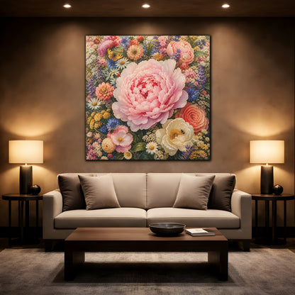 Mockup 2. Floral Peony Pink And Colorful shown as stretched canvas wall art