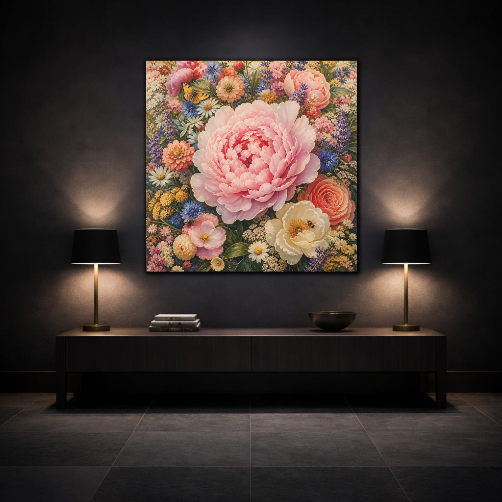 Mockup 3. Floral Peony Pink And Colorful shown as stretched canvas wall art