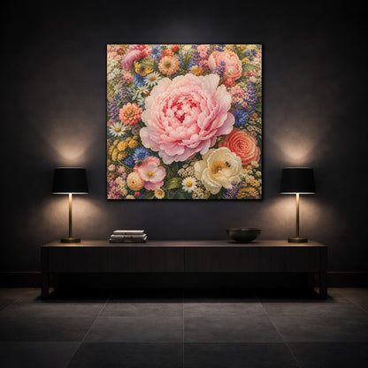 Mockup 3. Floral Peony Pink And Colorful shown as stretched canvas wall art