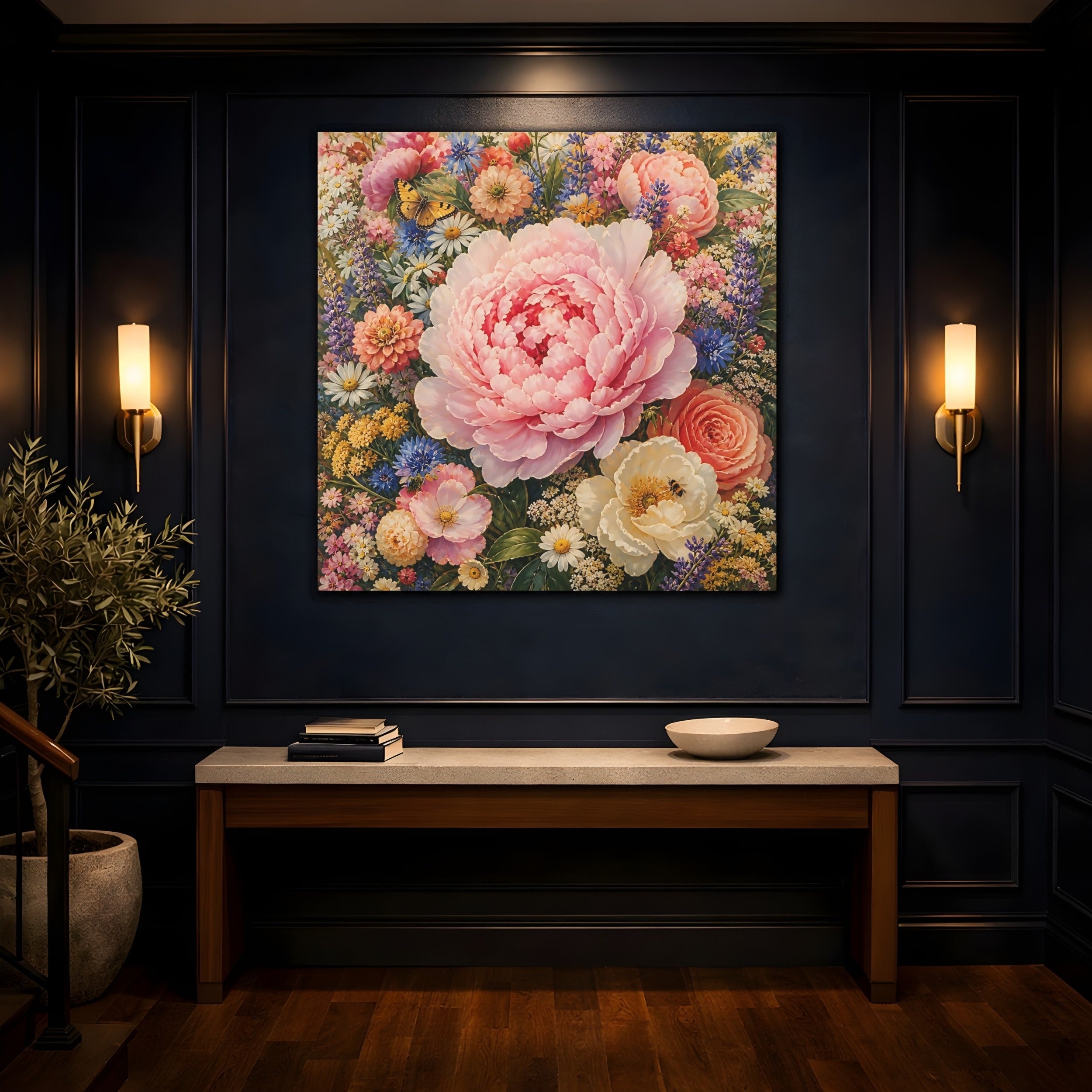 Mockup 4. Floral Peony Pink And Colorful shown as stretched canvas wall art