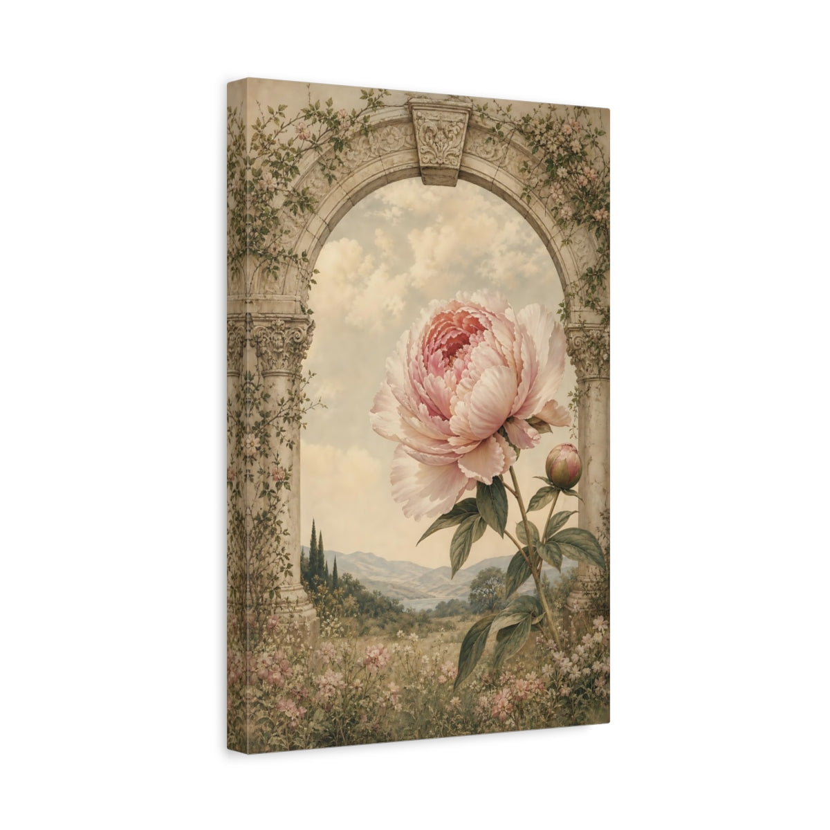 Side Mockup 4. Floral Peony Pink Peony Arch shown as stretched canvas wall art
