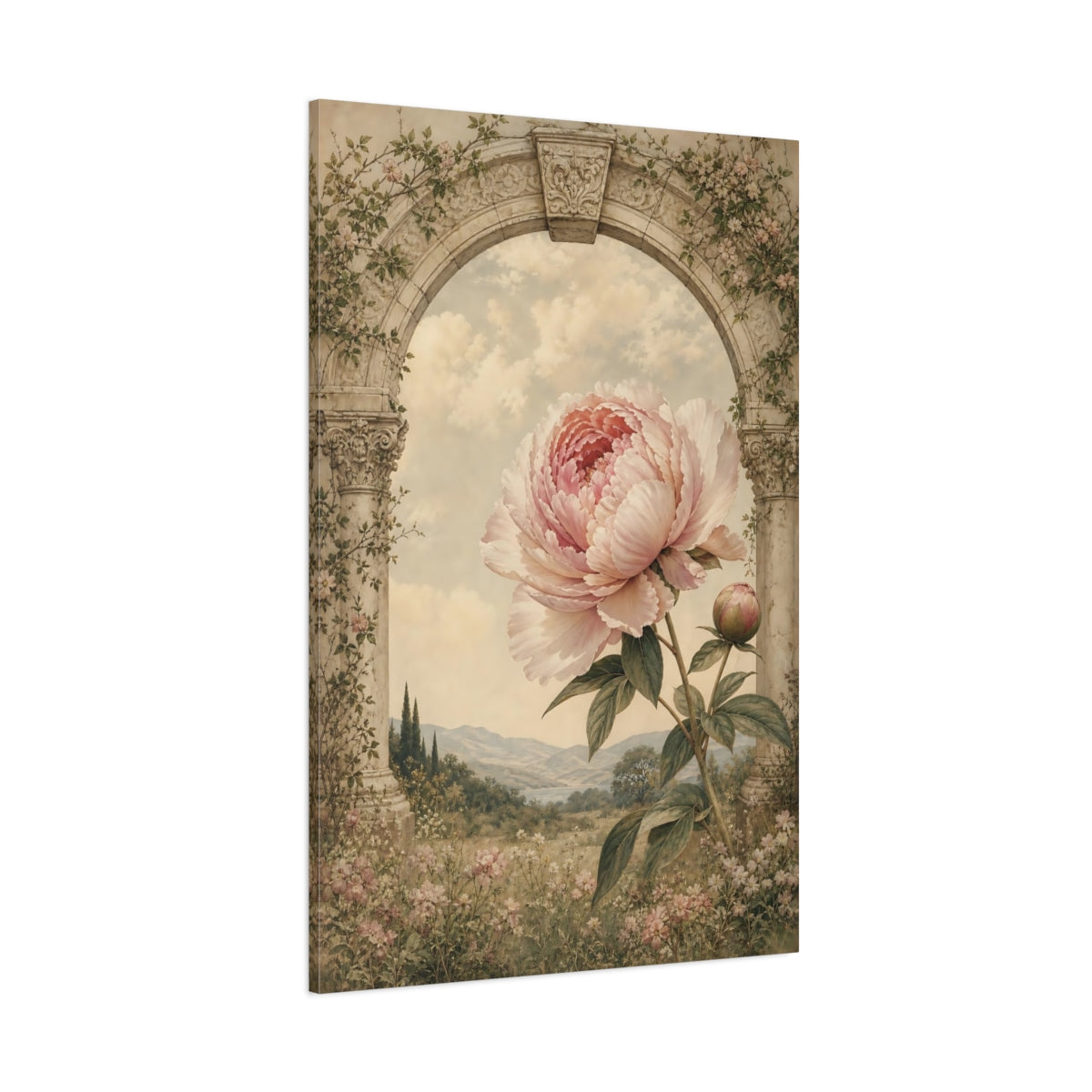 Side Mockup 1. Floral Peony Pink Peony Arch shown as stretched canvas wall art